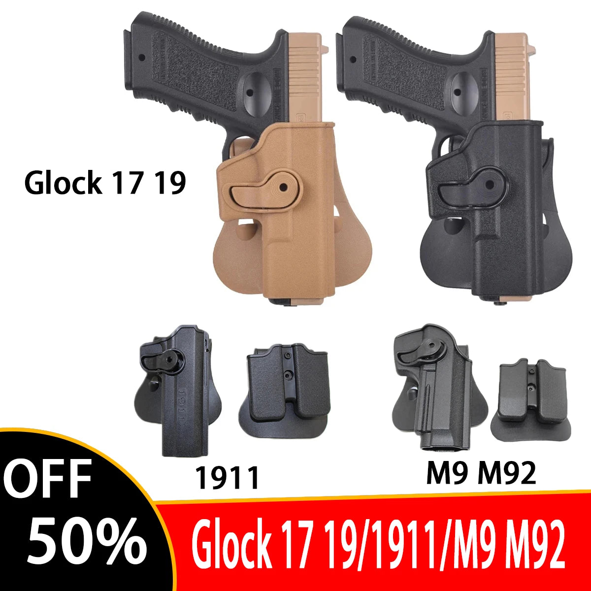 Tactical Gun Holster for Colt 1911, Beretta M92, Glock - Waist Belt Clip